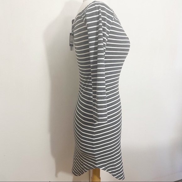 OHCONCEPT rib boat neck on/off shoulder mini dress gray & white stripe M - Picture 3 of 8